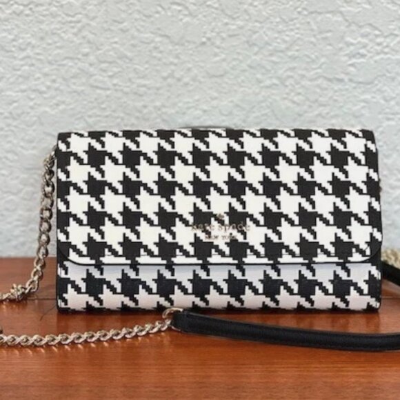 Kate Spade Darcy Chain Wallet Crossbody - Houndstooth Black White Leather - Picture 1 of 4